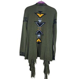Kristin Nicole Sweater Women M Green Cardigan Fringe Boho Chevron Western Aztec